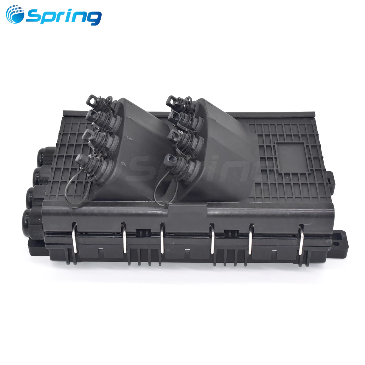 Side view of 8 port optical terminal enclosure showing mechanical latches and IP67 housing