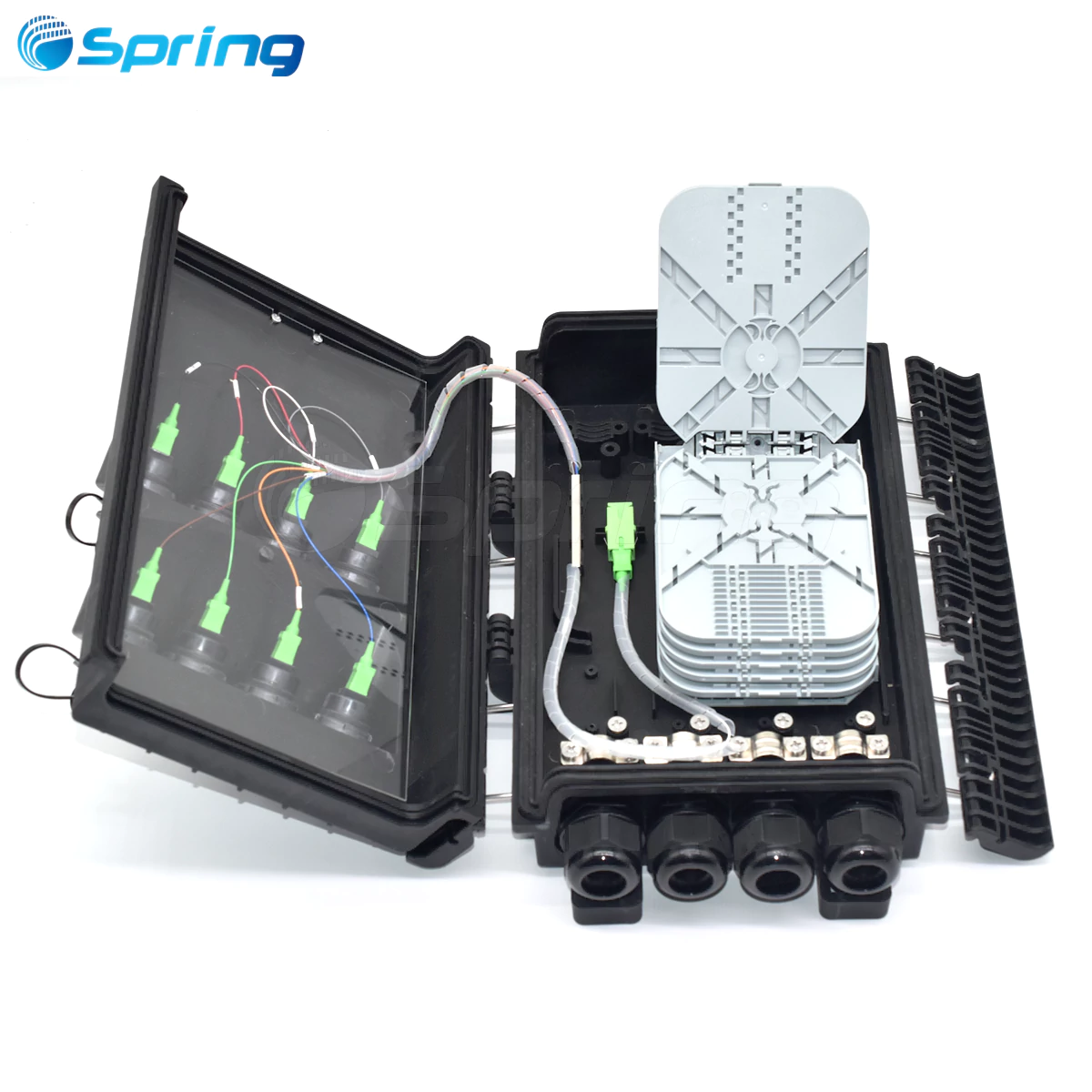Internal view of 8 port optical terminal enclosure with hinged splice tray and fiber storage