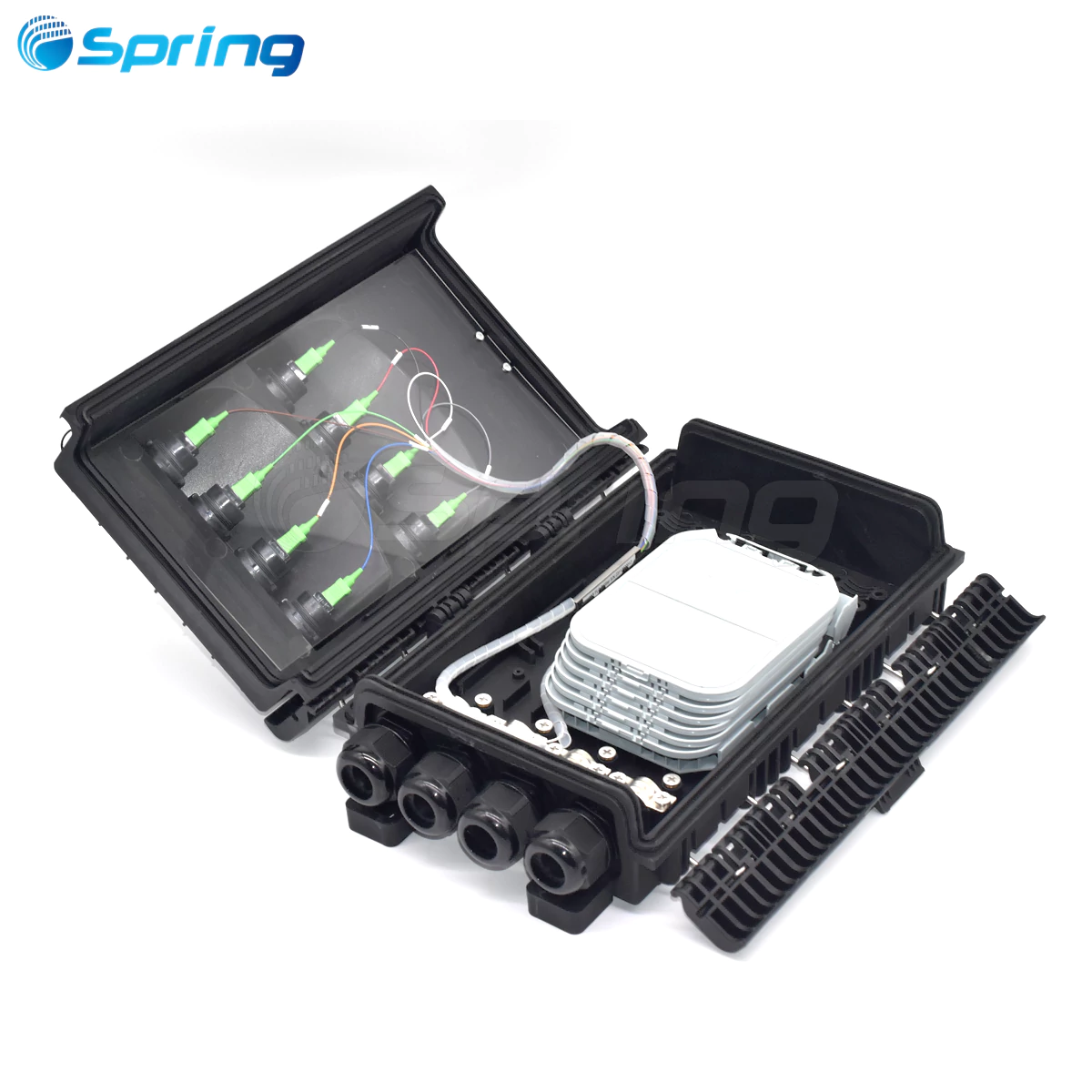 Internal view of 8 port optical termination enclosure with hinged splice tray and fiber storage