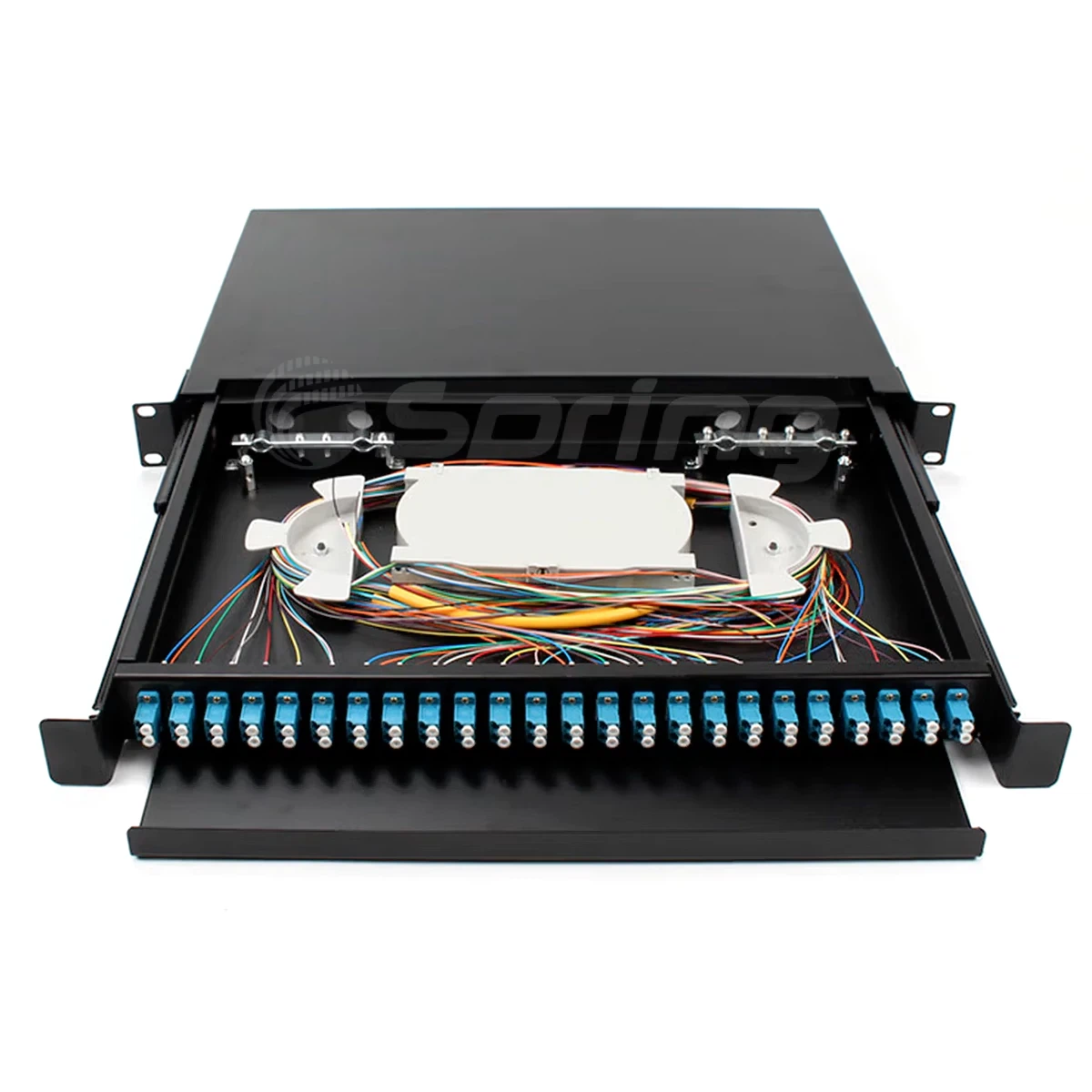 1U 19 Inch Rack Mount Fiber Optic Patch Panel 24 Port With Splice Tray LC Pigtail And Adapter