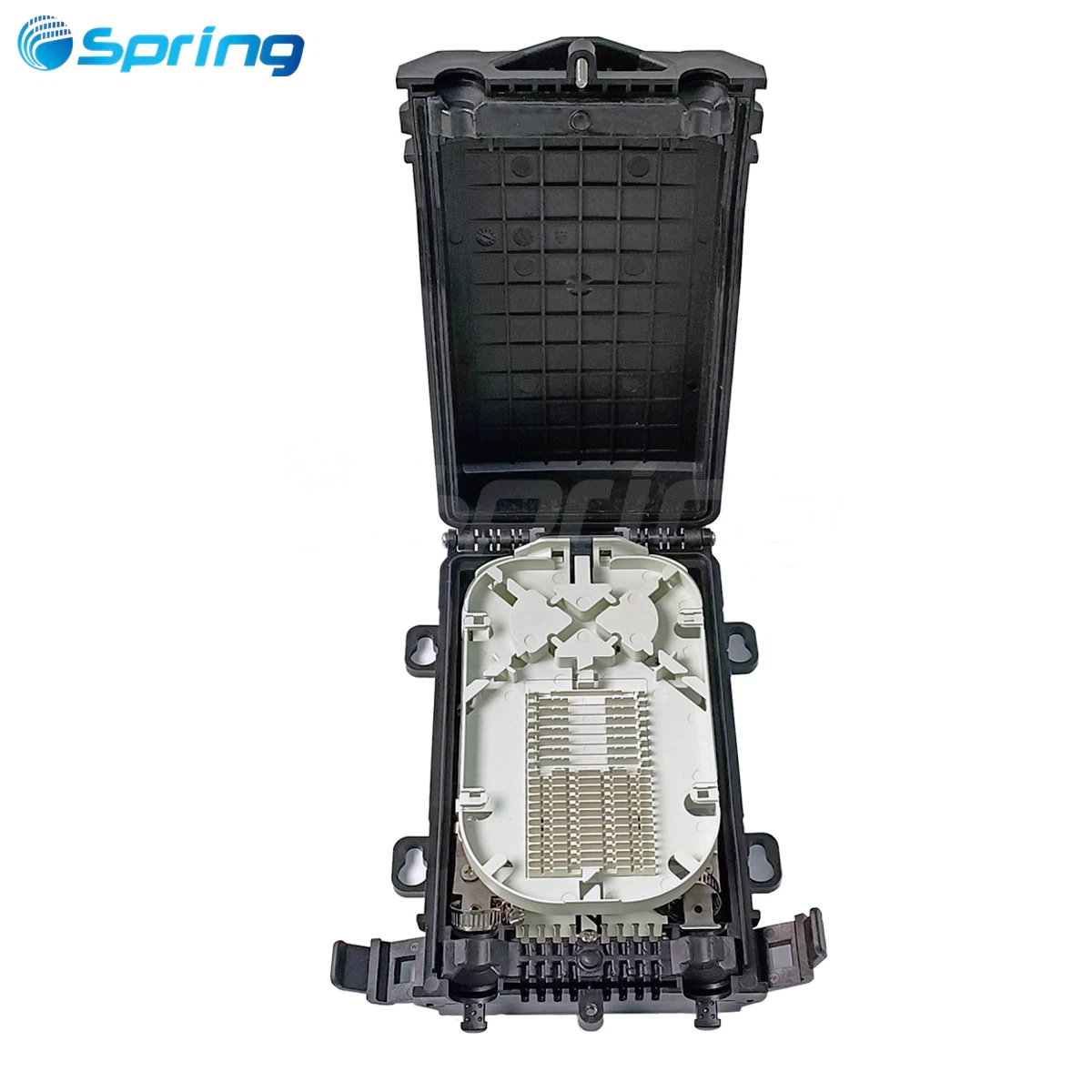 8 port waterproof fiber optic distribution box open view with splice tray and fiber routing