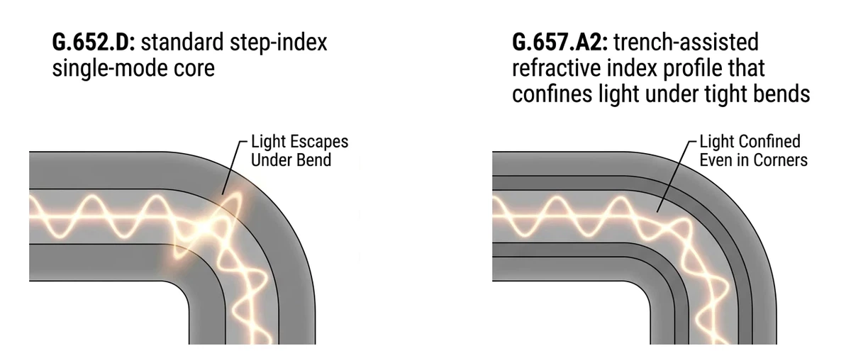 FTTH drop cable fiber comparison G652D vs G657A2 bend insensitive FTTH drop cable fiber comparison G652D vs G657A2 bend insensitive