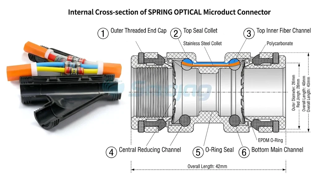 Internal Cross-section of SPRING OPTICAL Microduct Connector Internal Cross-section of SPRING OPTICAL Microduct Connector