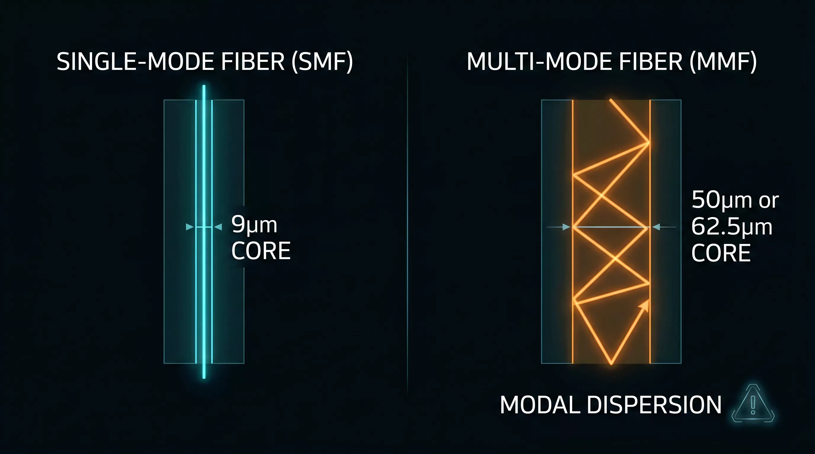A technical split-screen diagram comparing single-mode fiber (SMF) with a narrow 9µm core and straight light path versus multi-mode fiber (MMF) with a wide 50µm/62.5µm core and zig-zag light path causing modal dispersion. A technical split-screen diagram comparing single-mode fiber (SMF) with a narrow 9µm core and straight light path versus multi-mode fiber (MMF) with a wide 50µm/62.5µm core and zig-zag light path causing modal dispersion.