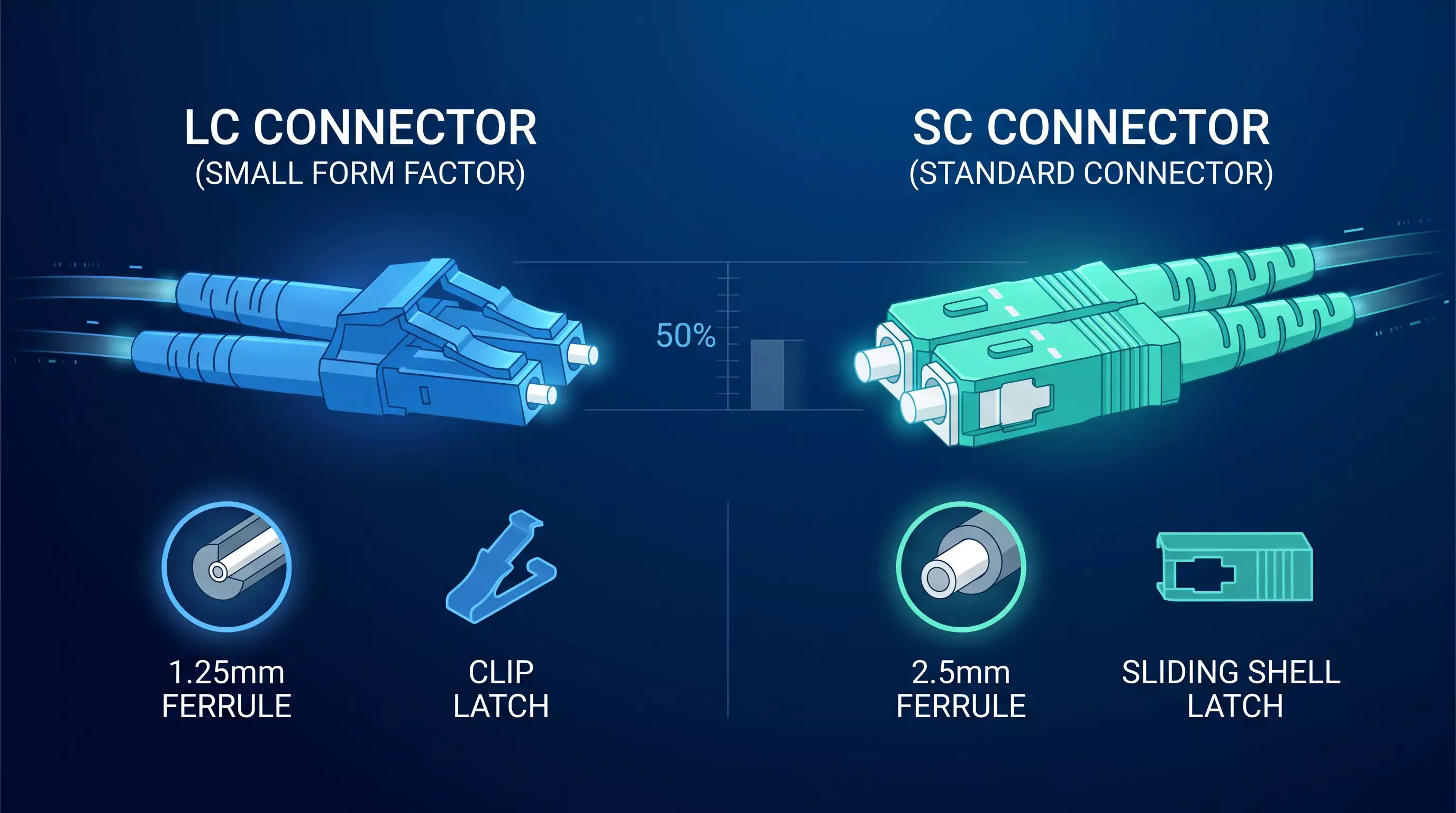A side-by-side comparison of LC and SC fiber connectors. It illustrates the LC duplex connector with a 1.25mm ferrule and clip latch versus the SC duplex connector with a 2.5mm ferrule and sliding shell latch, noting LC is 50% smaller. A side-by-side comparison of LC and SC fiber connectors. It illustrates the LC duplex connector with a 1.25mm ferrule and clip latch versus the SC duplex connector with a 2.5mm ferrule and sliding shell latch, noting LC is 50% smaller.