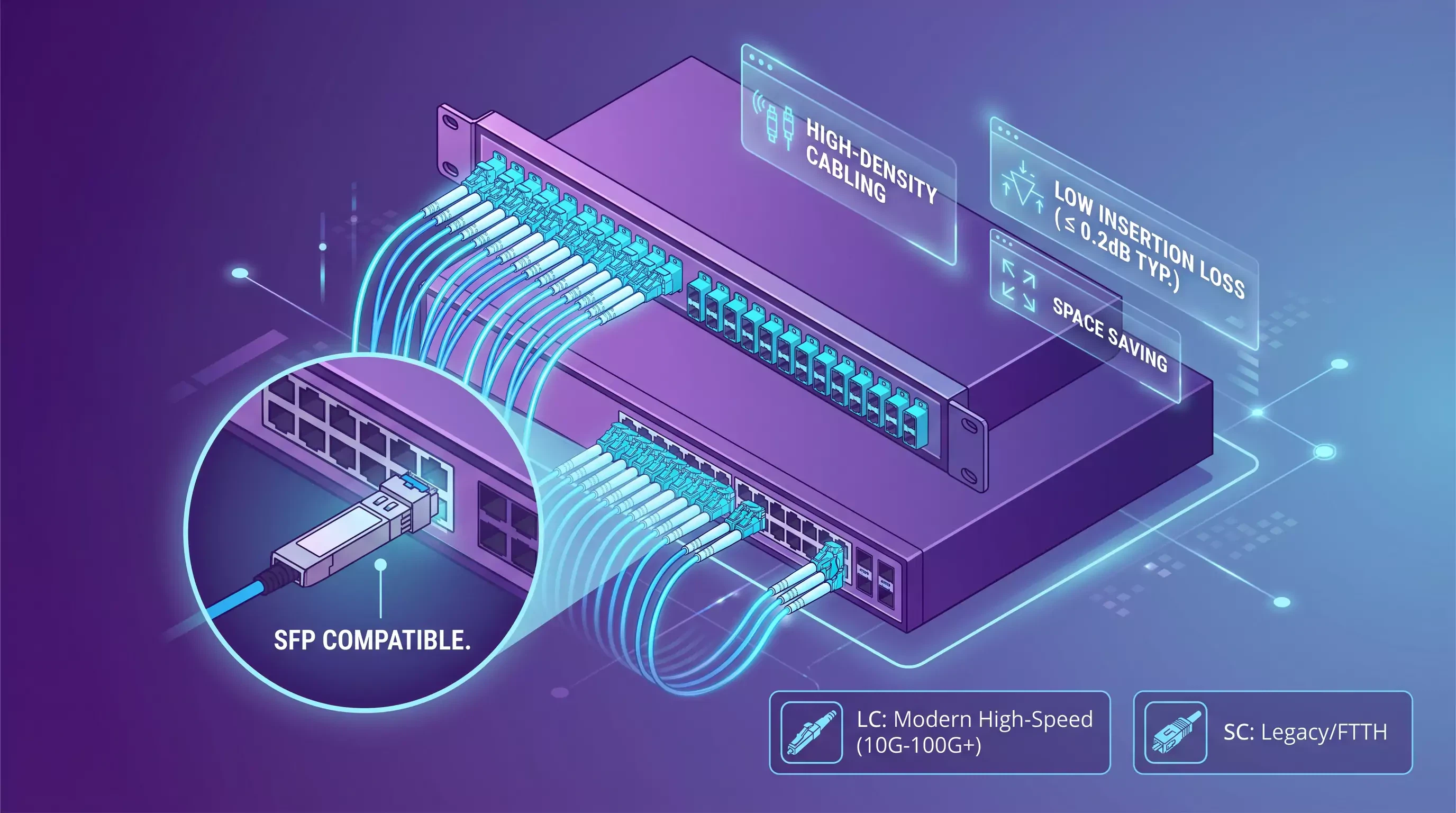 An isometric technical illustration of a high-density fiber optic patch panel filled with glowing blue LC duplex fibers. A zoomed-in circle spotlights SFP transceiver compatibility, highlighting high-density cabling and low insertion loss. An isometric technical illustration of a high-density fiber optic patch panel filled with glowing blue LC duplex fibers. A zoomed-in circle spotlights SFP transceiver compatibility, highlighting high-density cabling and low insertion loss.