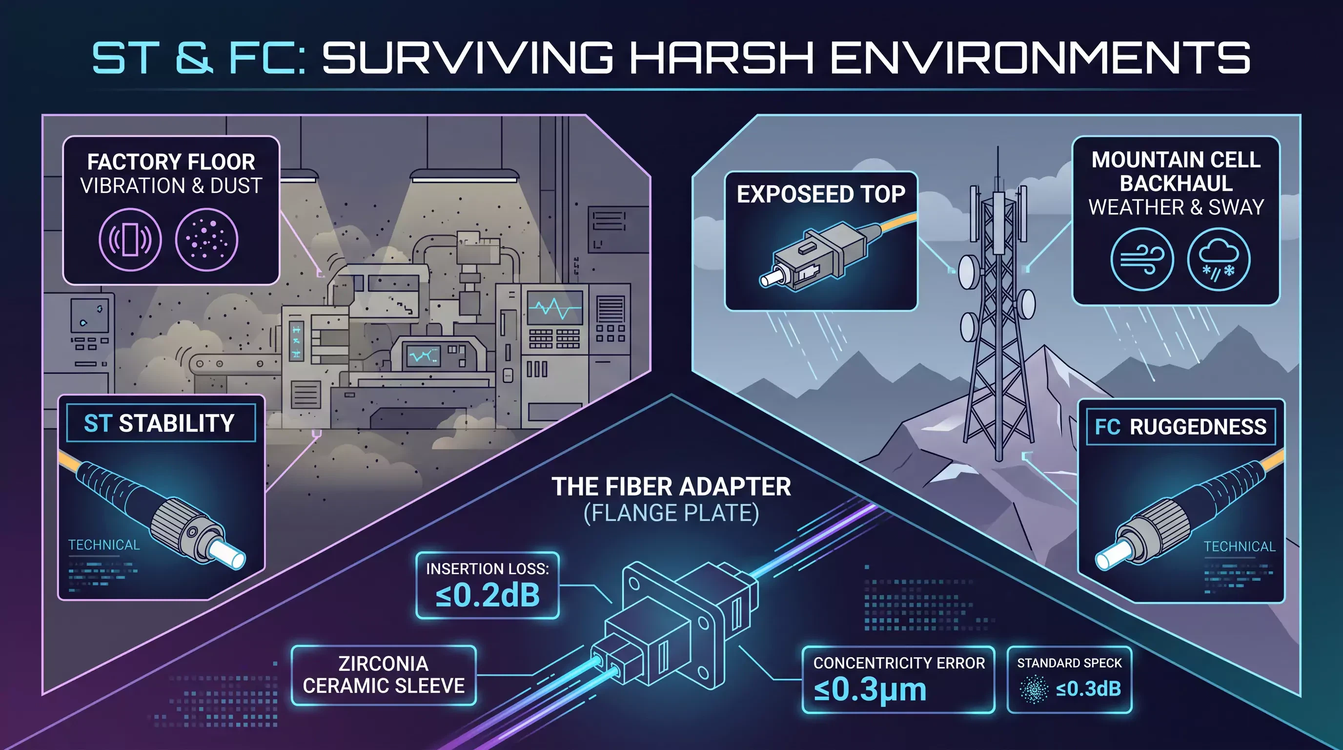 An infographic showing ST connector stability in a dusty factory and FC connector ruggedness on a mountainous cell tower. The center features a fiber optic adapter with data panels detailing zirconia ceramic sleeve specifications. An infographic showing ST connector stability in a dusty factory and FC connector ruggedness on a mountainous cell tower. The center features a fiber optic adapter with data panels detailing zirconia ceramic sleeve specifications.