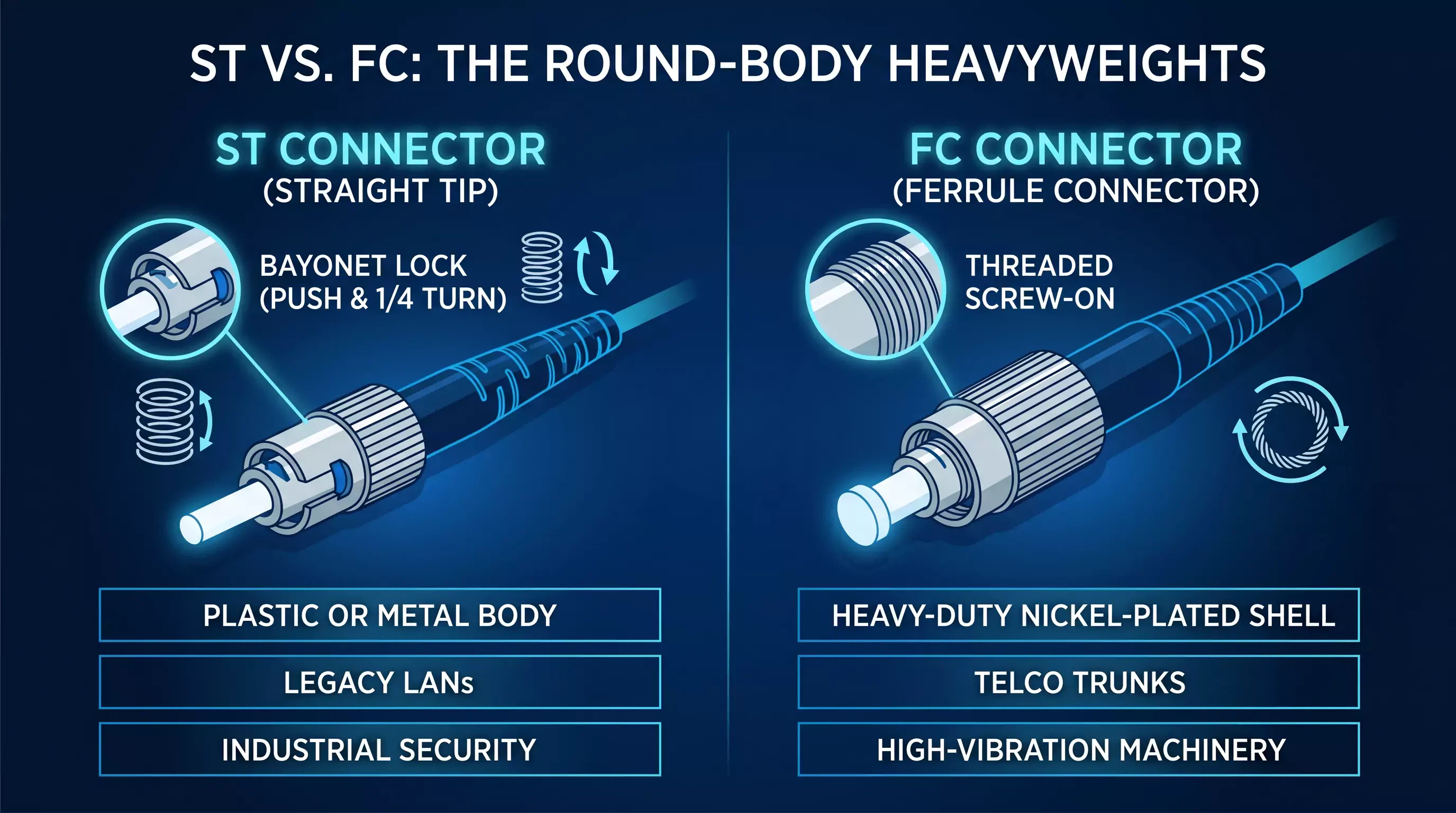 A mechanical comparison of round fiber connectors on a dark blue background. The left highlights the ST connector spring-loaded bayonet lock, and the right highlights the FC heavy-duty metal threaded screw-on mechanism. A mechanical comparison of round fiber connectors on a dark blue background. The left highlights the ST connector spring-loaded bayonet lock, and the right highlights the FC heavy-duty metal threaded screw-on mechanism.