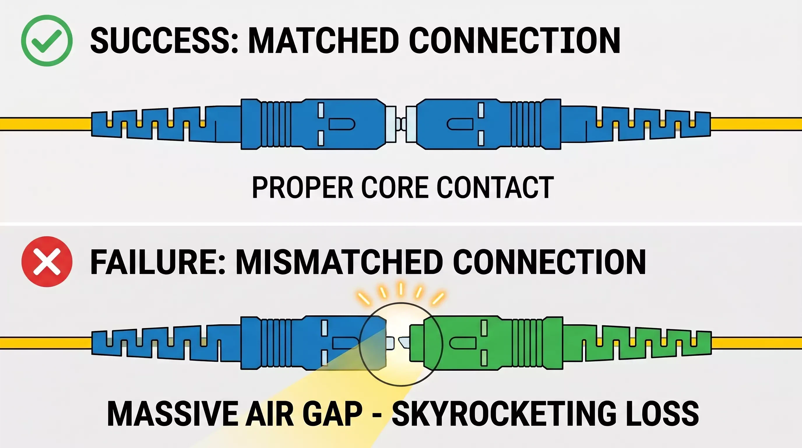 A technical diagram illustrating connection scenarios inside a fiber adapter. The top shows a successful matched UPC-to-UPC connection. The bottom shows a failure mismatched UPC-to-APC connection, highlighting a massive air gap and skyrocketing loss due to mismatched angles. A technical diagram illustrating connection scenarios inside a fiber adapter. The top shows a successful matched UPC-to-UPC connection. The bottom shows a failure mismatched UPC-to-APC connection, highlighting a massive air gap and skyrocketing loss due to mismatched angles.