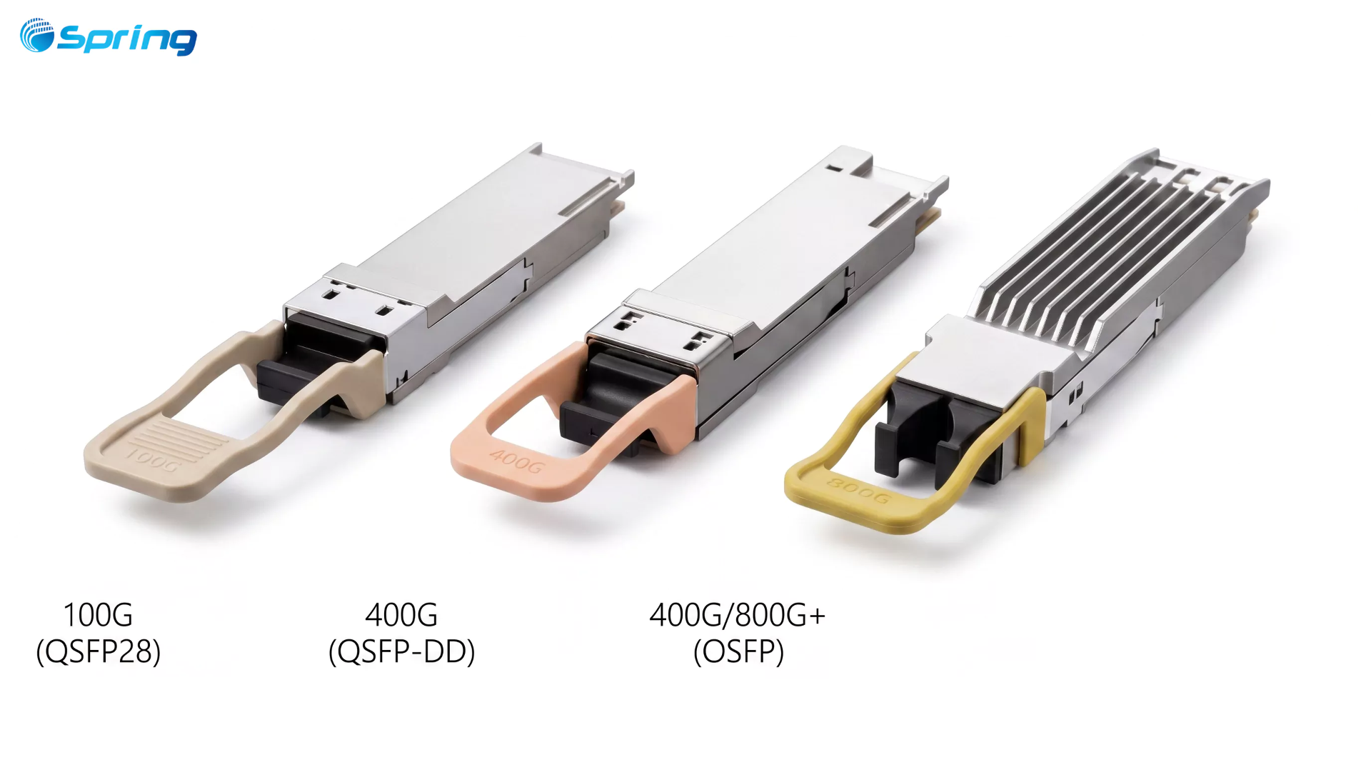 A visual side-by-side comparison of three distinct optical transceivers: a 100G QSFP28 module with a tan pull tab, a 400G QSFP-DD module with a pink pull tab, and a 400G/800G+ OSFP module with an integrated heatsink and yellow pull tab, each with their respective labels. A visual side-by-side comparison of three distinct optical transceivers: a 100G QSFP28 module with a tan pull tab, a 400G QSFP-DD module with a pink pull tab, and a 400G/800G+ OSFP module with an integrated heatsink and yellow pull tab, each with their respective labels.