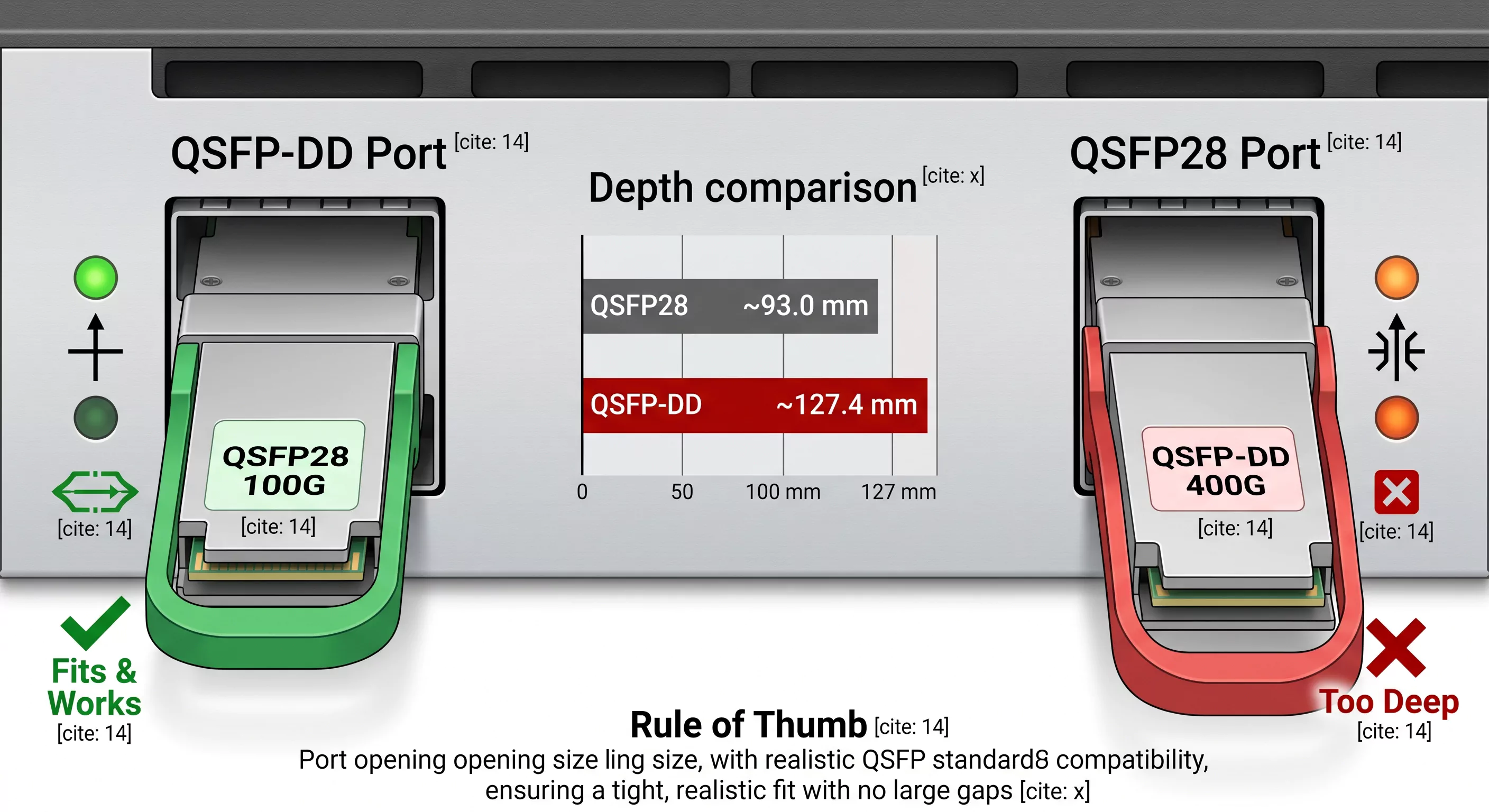 An architectural diagram illustrating interoperability rules: a 100G QSFP28 module with a green latch is shown fully inserted and labeled 'Fits & Works' in a QSFP-DD port; a 400G QSFP-DD module with a red latch is physically blocked from fully inserting into a QSFP28 port, marked with a red 'X' and 'Too Deep'. An embedded chart compares the physical depth: QSFP28 is ~93.0mm, while QSFP-DD is ~127.4mm. An architectural diagram illustrating interoperability rules: a 100G QSFP28 module with a green latch is shown fully inserted and labeled 'Fits & Works' in a QSFP-DD port; a 400G QSFP-DD module with a red latch is physically blocked from fully inserting into a QSFP28 port, marked with a red 'X' and 'Too Deep'. An embedded chart compares the physical depth: QSFP28 is ~93.0mm, while QSFP-DD is ~127.4mm.