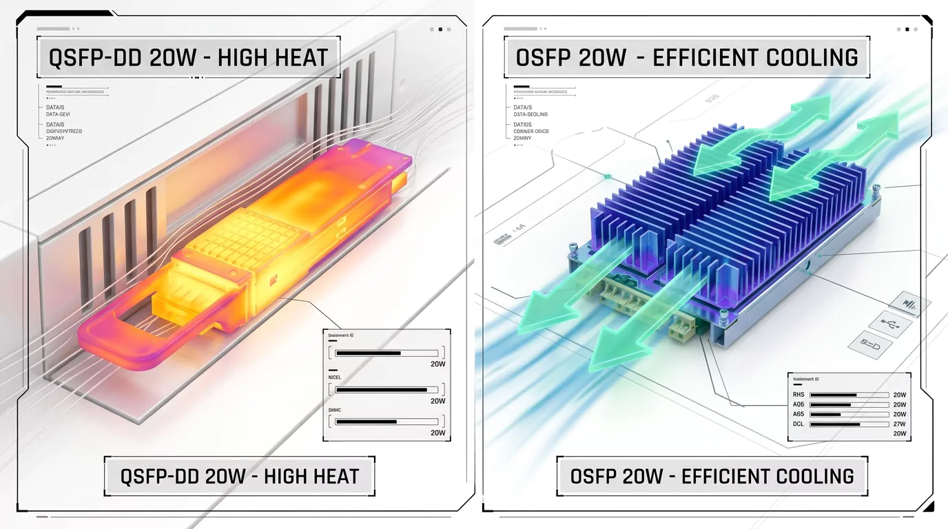A technical chart comparing the thermal performance of two 20W optical modules. The left panel shows a QSFP-DD module labeled 'High Heat' with a glowing orange appearance indicating severe heat accumulation; the right panel shows an OSFP module labeled 'Efficient Cooling' with airflow (indicated by blue and green arrows) over its integrated heatsink, demonstrating superior thermal headroom for high-power environments. A technical chart comparing the thermal performance of two 20W optical modules. The left panel shows a QSFP-DD module labeled 'High Heat' with a glowing orange appearance indicating severe heat accumulation; the right panel shows an OSFP module labeled 'Efficient Cooling' with airflow (indicated by blue and green arrows) over its integrated heatsink, demonstrating superior thermal headroom for high-power environments.
