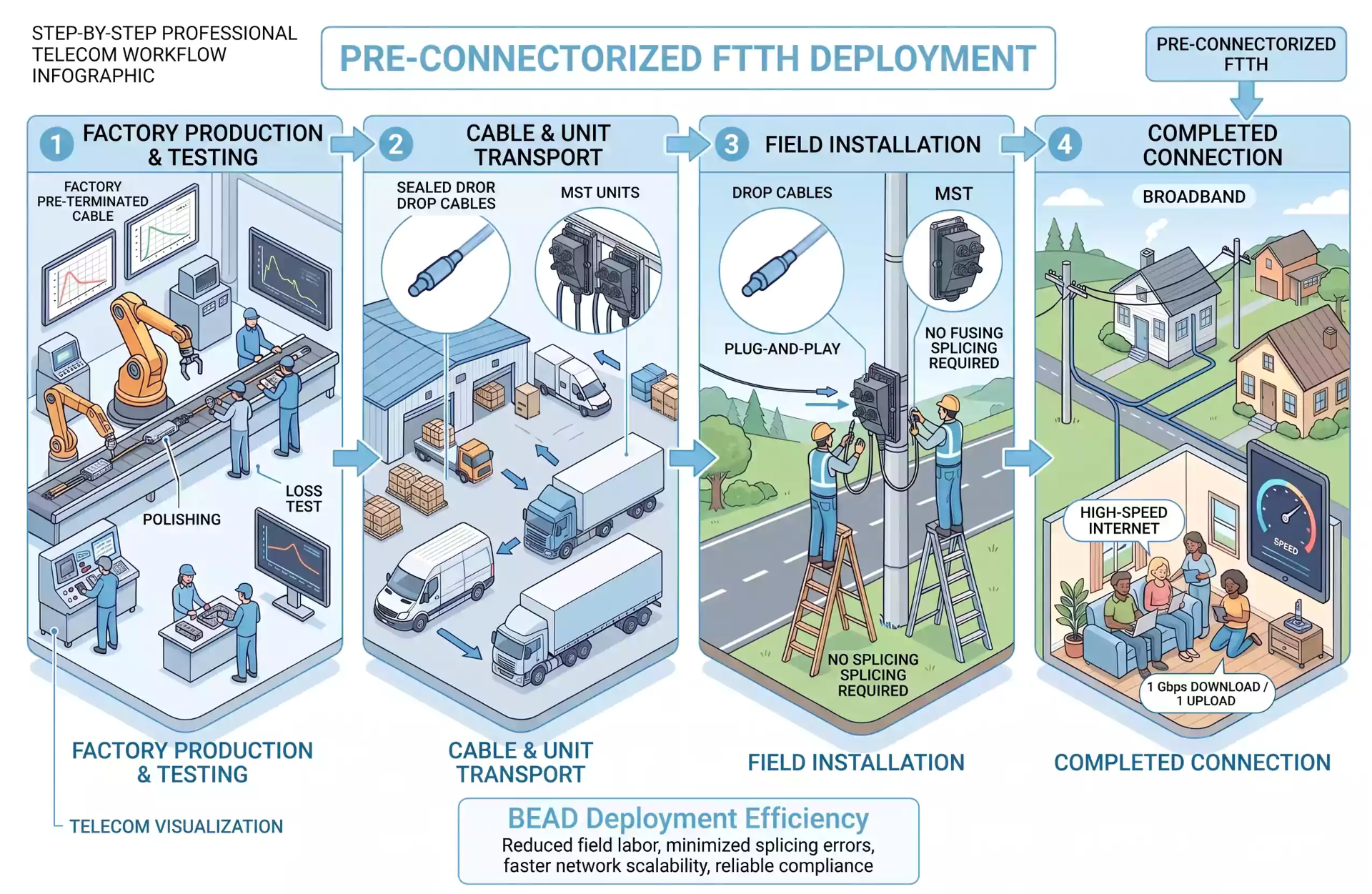 Step-by-step pre-connectorized FTTH deployment workflow for efficient rural broadband expansion Step-by-step pre-connectorized FTTH deployment workflow for efficient rural broadband expansion