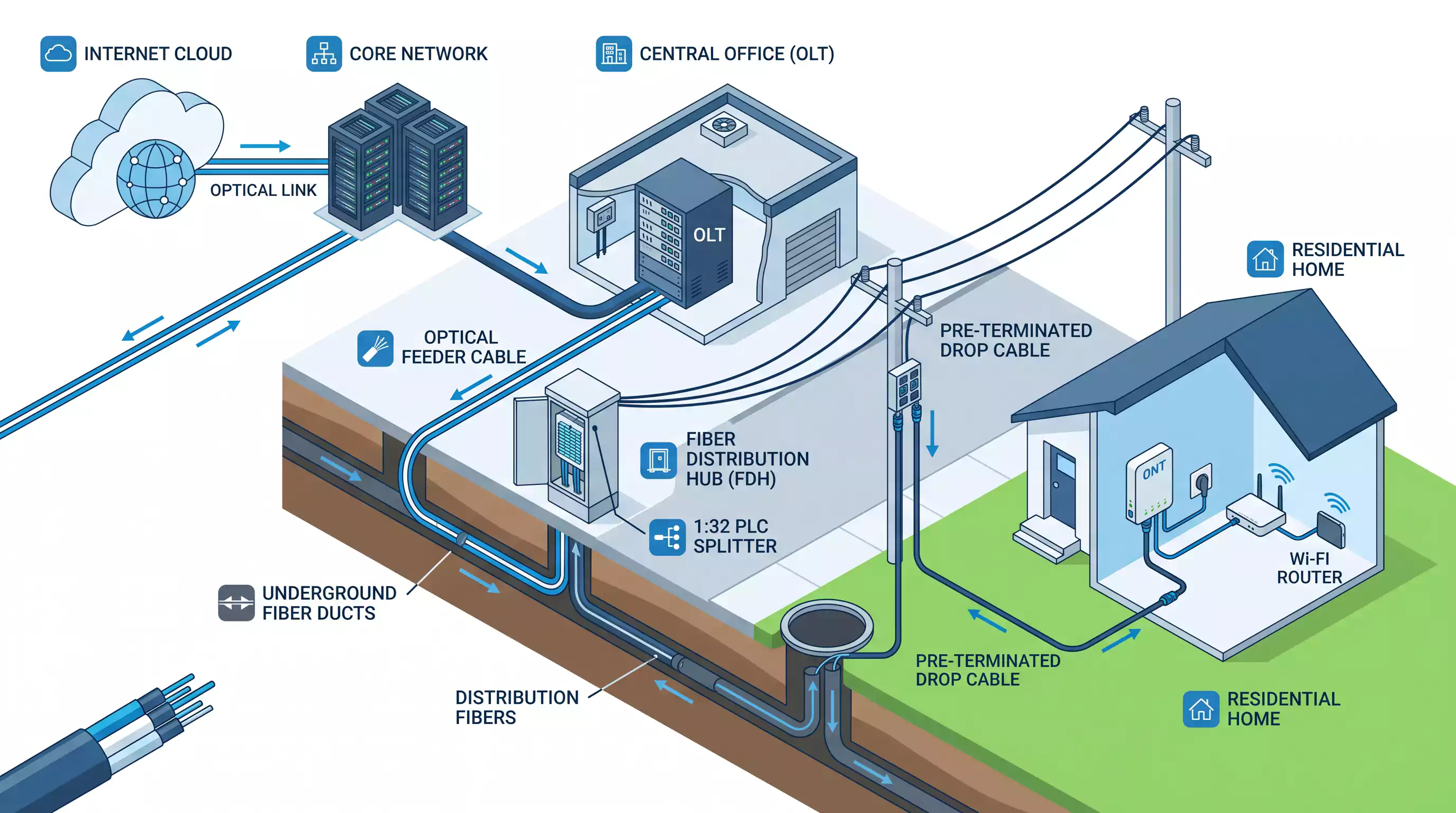 Detailed isometric diagram illustrating the entire FTTH PON network architecture, from the Internet Cloud and Core Network through a Central Office (OLT), to a street-side Fiber Distribution Hub (FDH) with a splitter. The path continues via pre-terminated drop cables to an individual residential home's ONT and Wi-Fi router, with key segments and cables clearly labeled. Detailed isometric diagram illustrating the entire FTTH PON network architecture, from the Internet Cloud and Core Network through a Central Office (OLT), to a street-side Fiber Distribution Hub (FDH) with a splitter. The path continues via pre-terminated drop cables to an individual residential home's ONT and Wi-Fi router, with key segments and cables clearly labeled.