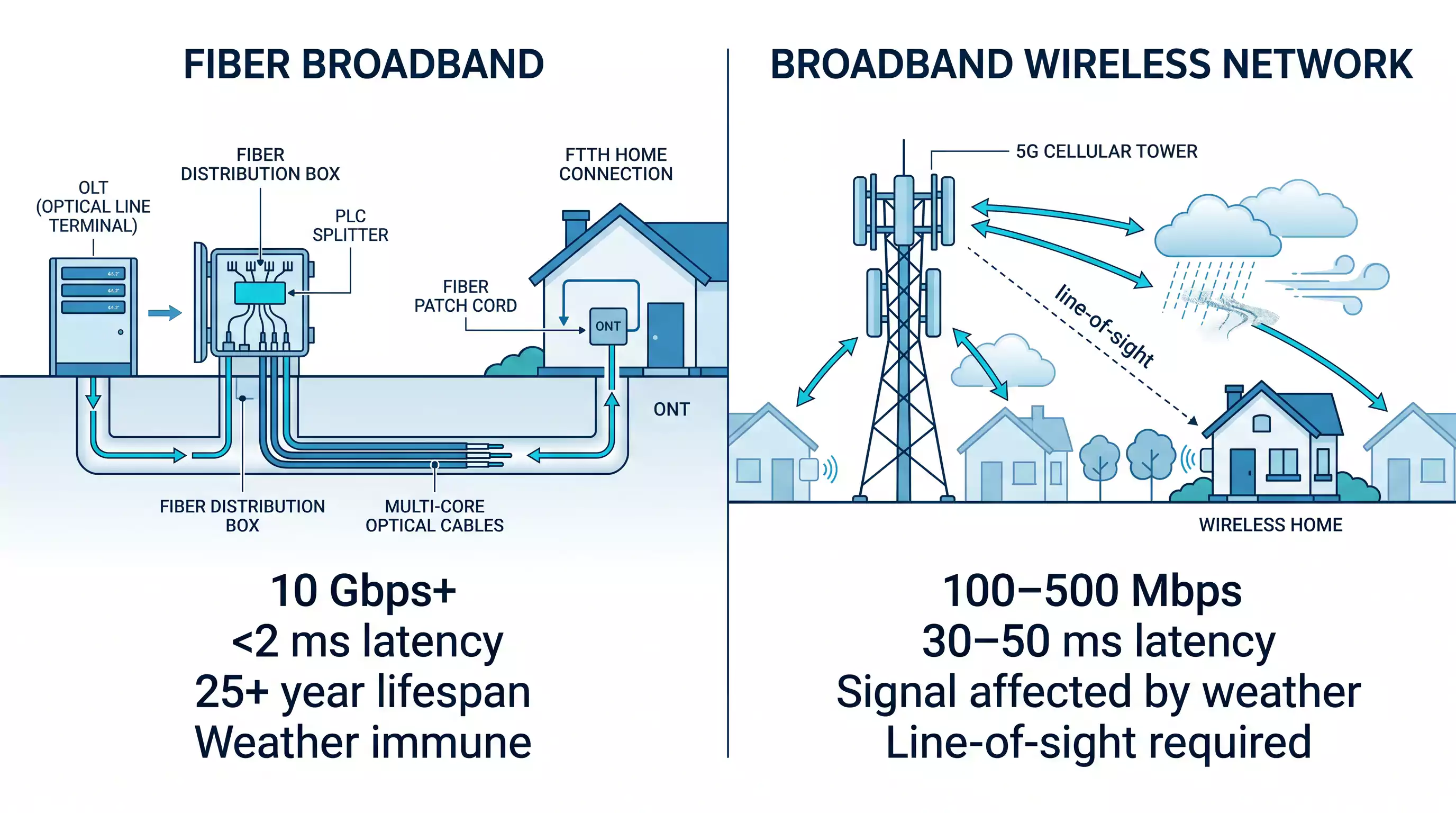 Infographic comparing Fiber Broadband versus Broadband Wireless Networks. The left side diagrams an FTTH connection, listing key benefits of high speed and low latency. The right side illustrates a 5G tower with line-of-sight signal paths to homes, showing interference from weather and clouds, and listing typical speed ranges. Infographic comparing Fiber Broadband versus Broadband Wireless Networks. The left side diagrams an FTTH connection, listing key benefits of high speed and low latency. The right side illustrates a 5G tower with line-of-sight signal paths to homes, showing interference from weather and clouds, and listing typical speed ranges.