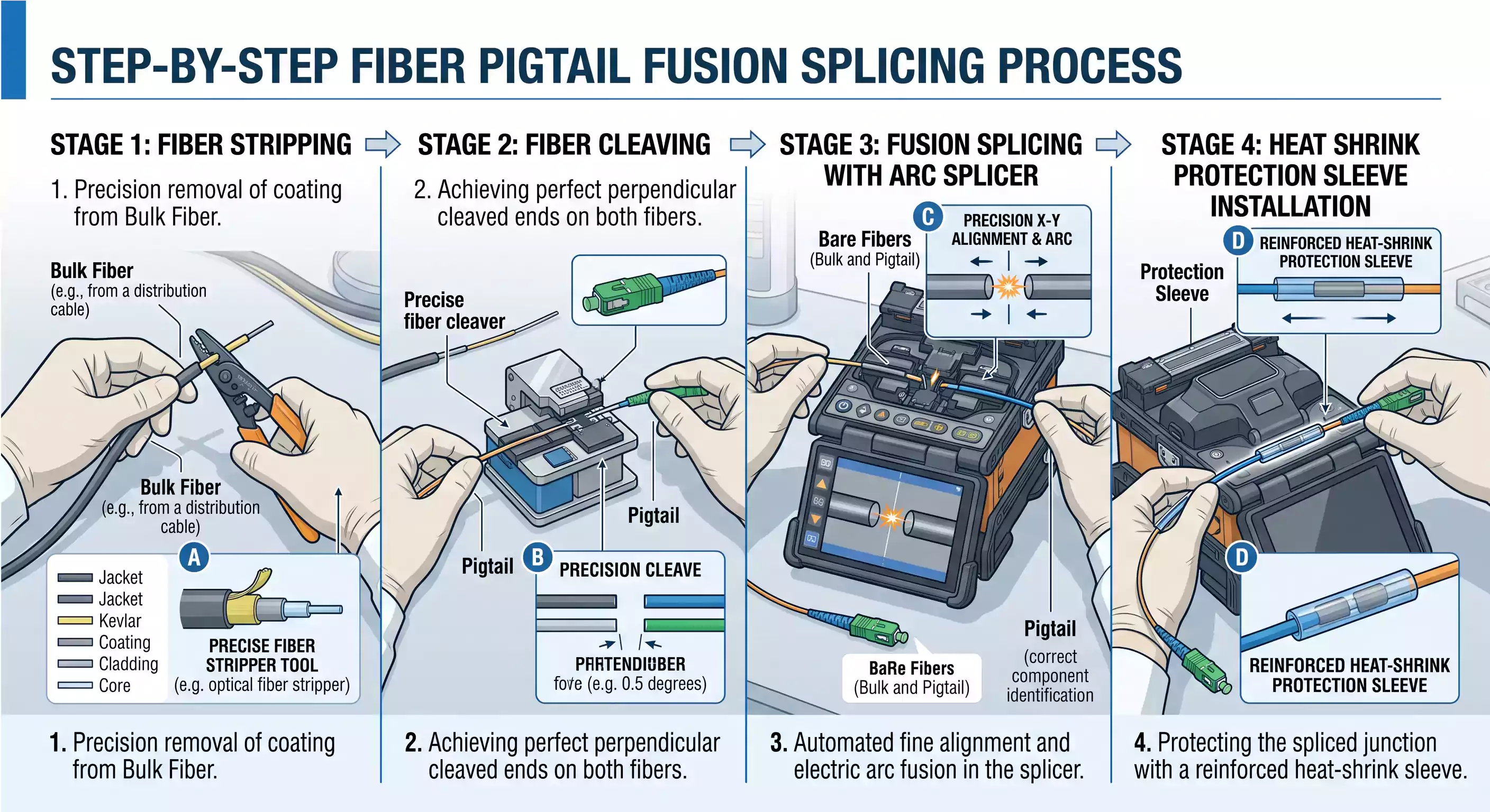 Step-by-step engineering workflow for fiber pigtail fusion splicing, illustrating stripping the bulk cable, precision cleaving both fibers, automated fusion in an arc splicer, and installing a heat shrink protection sleeve. Step-by-step engineering workflow for fiber pigtail fusion splicing, illustrating stripping the bulk cable, precision cleaving both fibers, automated fusion in an arc splicer, and installing a heat shrink protection sleeve.