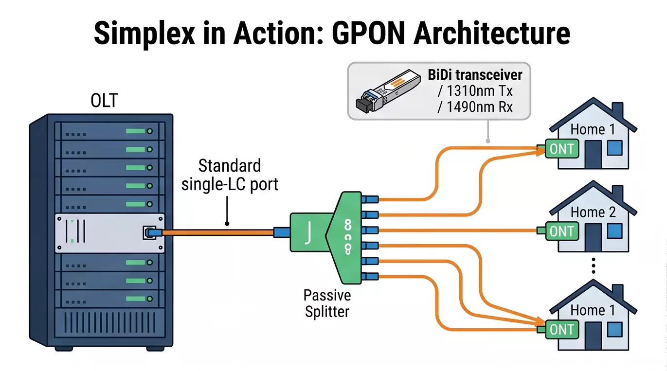 GPON architecture deployment diagram using single simplex fiber per subscriber GPON architecture deployment diagram using single simplex fiber per subscriber