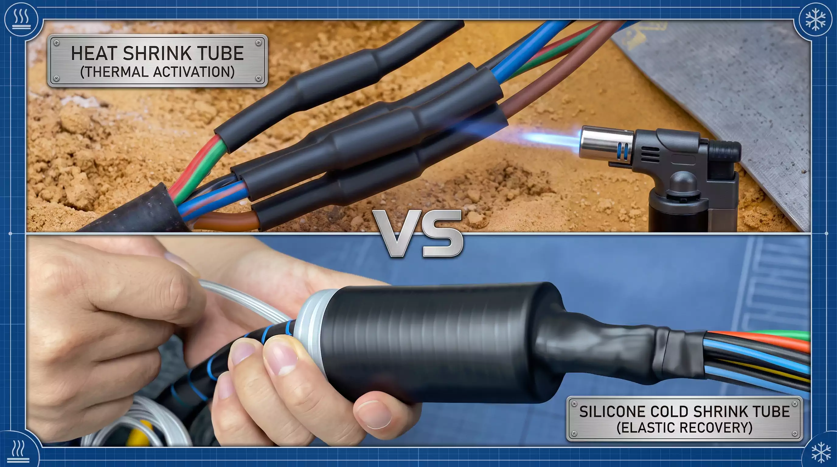 A technical infographic comparing silicone cold shrink tube (top half) and traditional heat shrink tubing (bottom half). The image shows the visual installation process for each, highlighting key properties like IP68 waterproof, extreme temperature, UV, and salt spray resistance for the cold shrink. Text at the bottom compares benefits. A technical infographic comparing silicone cold shrink tube (top half) and traditional heat shrink tubing (bottom half). The image shows the visual installation process for each, highlighting key properties like IP68 waterproof, extreme temperature, UV, and salt spray resistance for the cold shrink. Text at the bottom compares benefits.