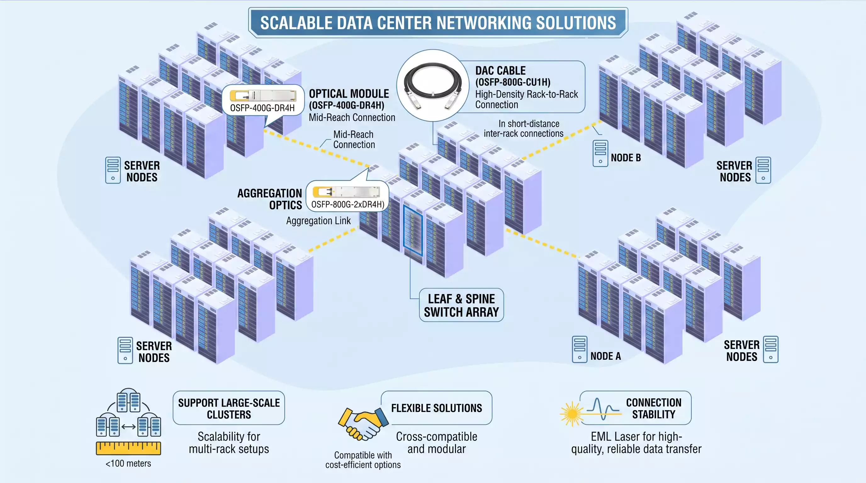 An overview of a scalable data center network solution, featuring server nodes, Leaf & Spine switch arrays, Node A/B configurations, and specific examples of OSFP-400G-DR4H and OSFP-800G-CU1H cable and module applications. An overview of a scalable data center network solution, featuring server nodes, Leaf & Spine switch arrays, Node A/B configurations, and specific examples of OSFP-400G-DR4H and OSFP-800G-CU1H cable and module applications.