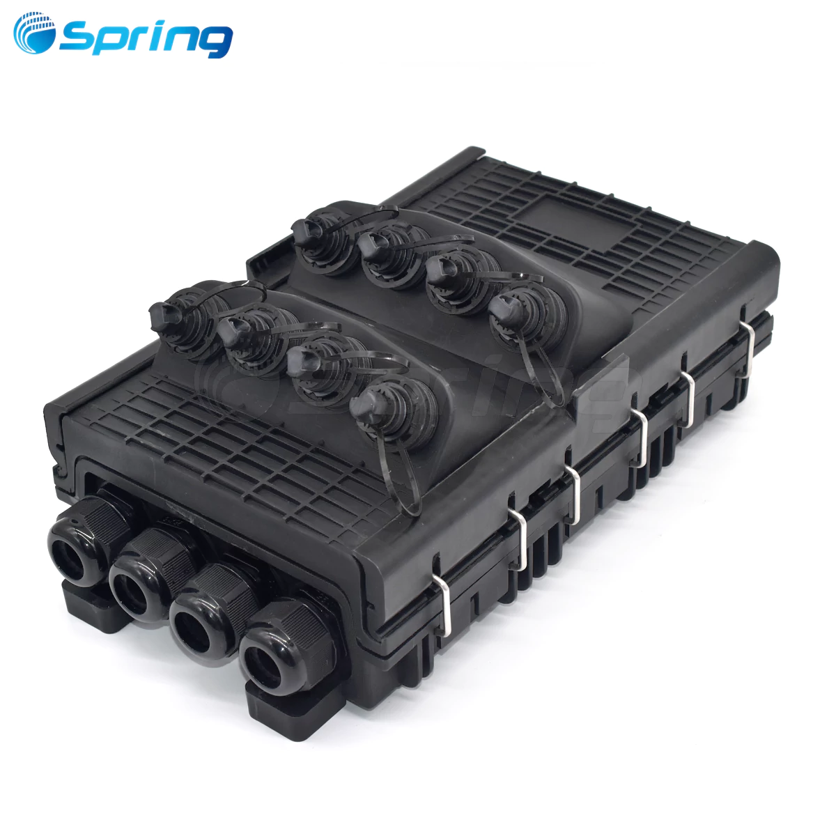 Spring Optical 8 port optical terminal enclosure front view with pre-connectorized adapter ports