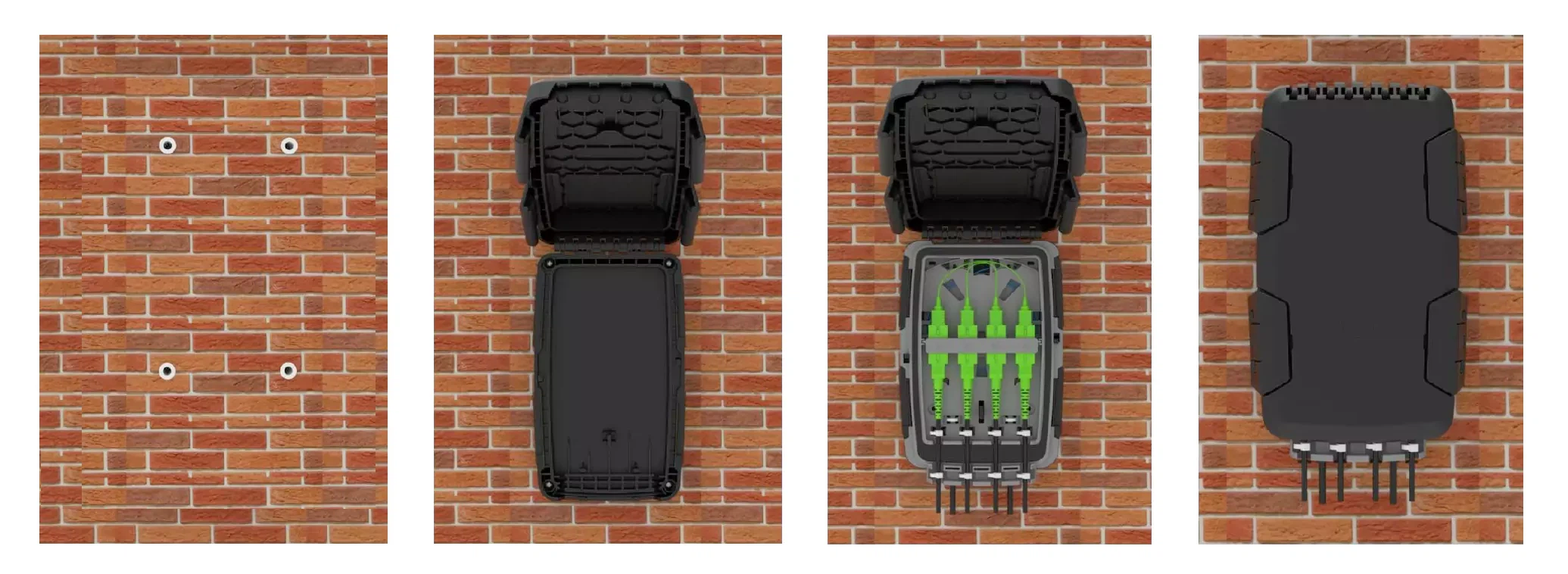 Wall-mounted installation of FTTH Optical Fiber Distribution Box with expansion bolts and secure cable fixation for outdoor deployment Wall-mounted installation of FTTH Optical Fiber Distribution Box with expansion bolts and secure cable fixation for outdoor deployment